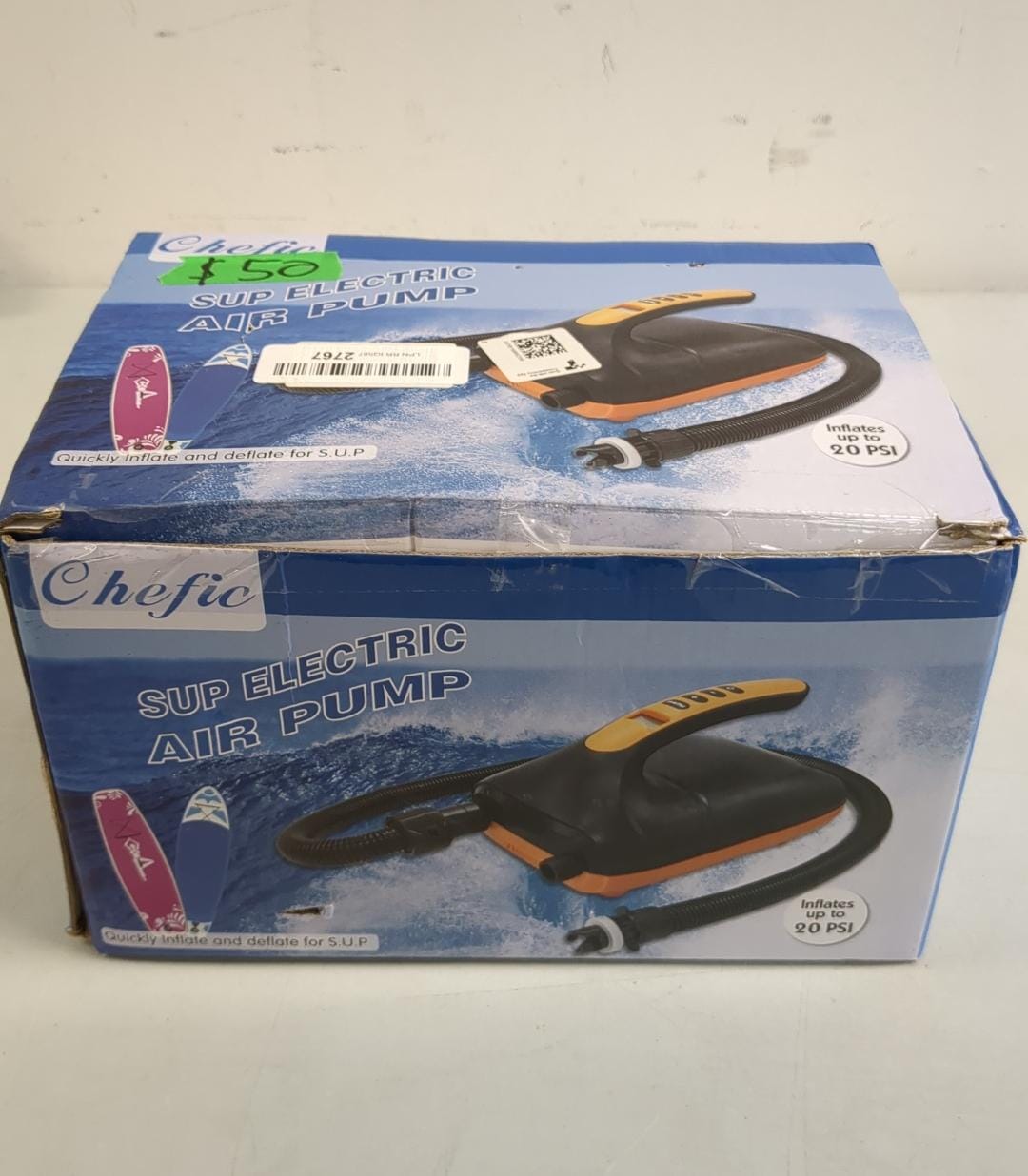 (open box) SUP Pump, Chefic 110W/ 12V SUP Electric Air Pump 20 PSI High Pressure, 2-in-1 Inflate & Deflator