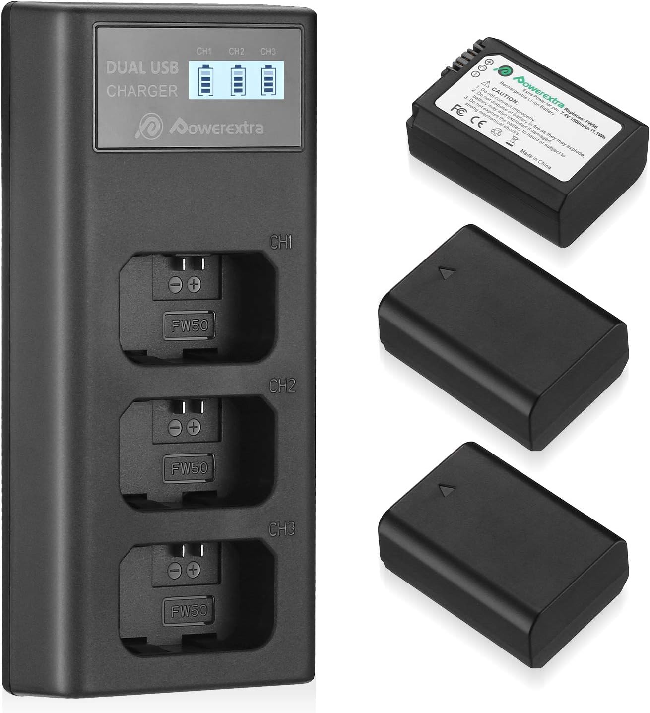 (Excellent) Powerextra 3 Pack Battery for Sony NP-FW50 Battery & Smart LCD Display Triple Channel Charger Compatible for Sony Alpha a6500, a6300, a6000, a7s, a7, a7s ii, a7s, a5100, a5000, a7r, a7 ii Camera