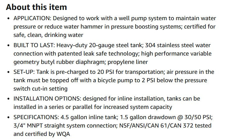 (Excellent) Red Lion RL4A - 4.5gal Inline Pre-Charged Pressure Tank for Well Pumps, 3/4 Inch MNPT System