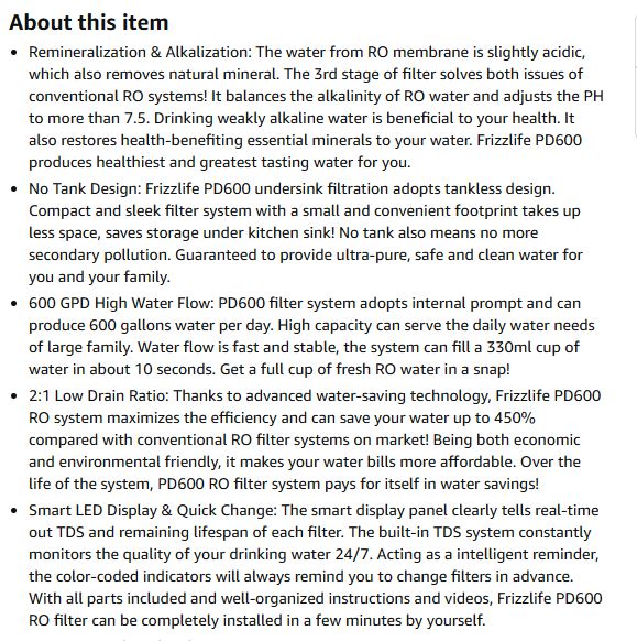 (New Open Box) Frizzlife 600 GPD Tankless Reverse Osmosis Water System With Alkaline & Remineralization, PD600-TAM3