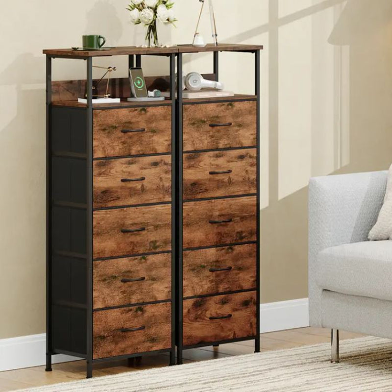 (New Open Box) Nightstand with Charging Station and LED Light for Bedroom, 5 Drawers with fabric bin- BST005BR