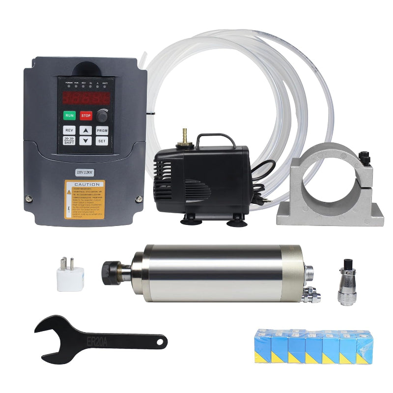 (Excellent) RATTMMOTOR CNC VFD Spindle Motor Kits 2.2KW 220V Water Cooled Spindle Motor Φ80mm ER20 400Hz 24000RPM+VFD Drive Inverter+80mm Motor Mount Clamp+14pcs ER20 Collet+80W Water Pump for CNC Router