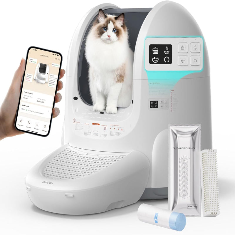 (New Open Box) Amicura Automatic Cat Litter Box, Self Cleaning, 360-Degree Detection Smart Anti-Pinch