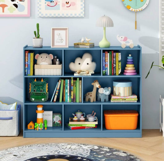 (New Open Box) 8 Cube 3-Tier Open Wooden Bookshelf & Toy Storage Organizer | Anti-Toppling • Blue