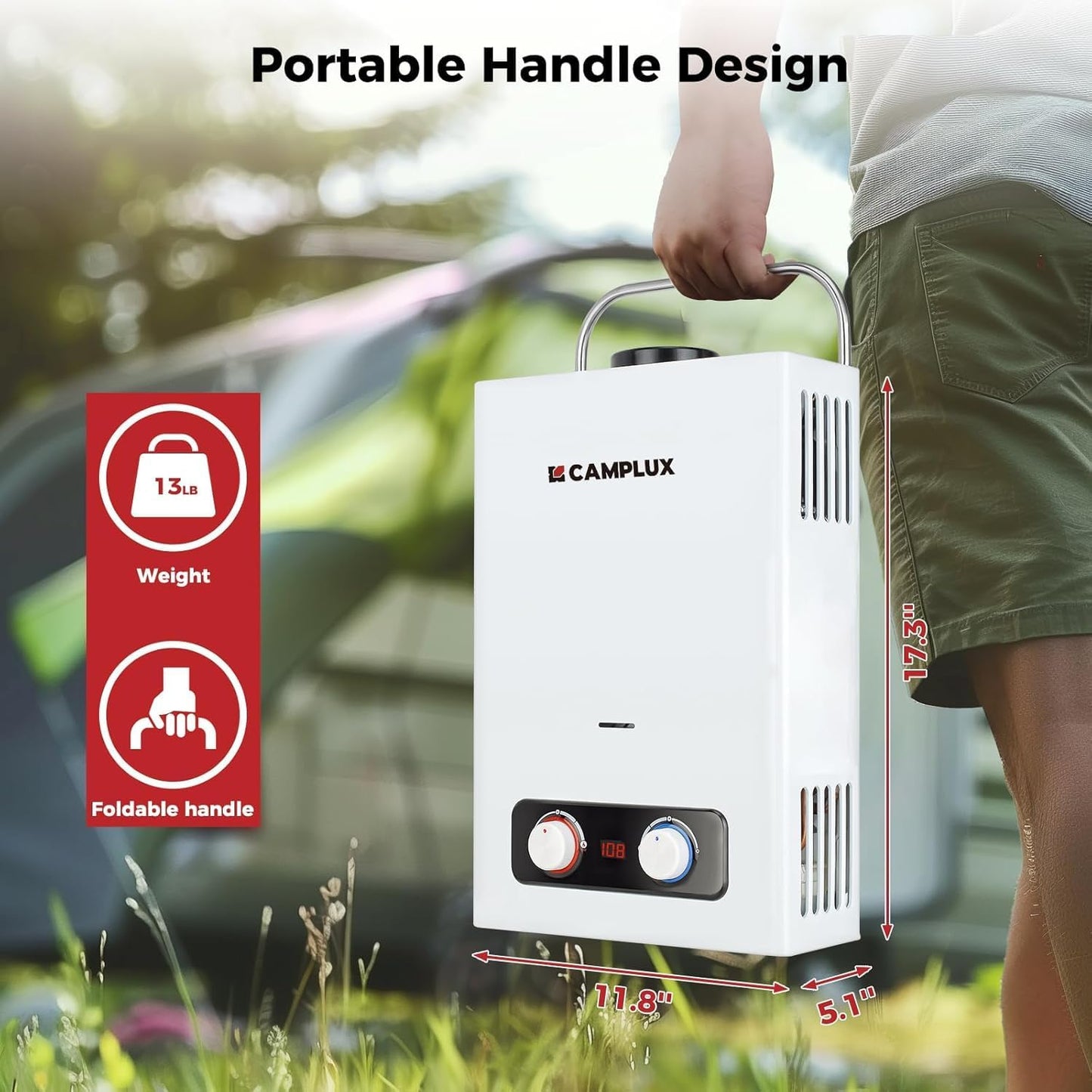 (New Open Box) CAMPLUX Portable Tankless Water Heater 6L, Easy Install Outdoor Propane Gas Water Heater,White
