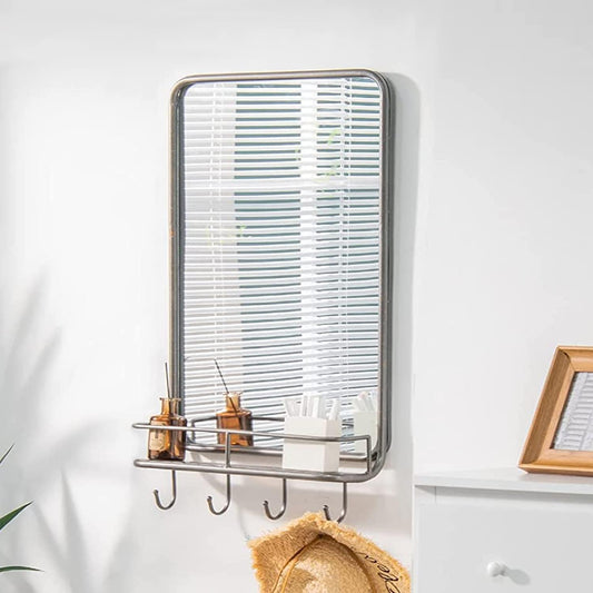 (New Open Box) 33" x 19" Rectangle Vintage Mirror, Wall Mirror w/Shelf & 4 Hooks, Metal Frame & Round Corner, Farmhouse Wall Mirror for Bathroom, Living Room, Entryway (Black &Coppery Speckles)