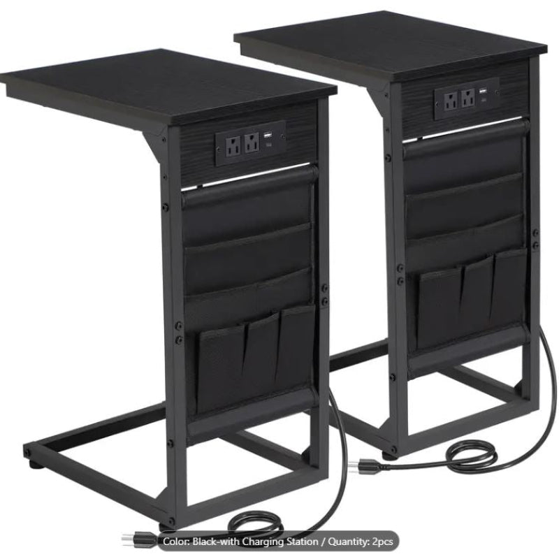 (New Open Box) 2pcs C-Shaped End Table, Sofa Small Side Table with Charging Station, (DS0020)