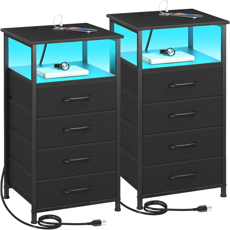 (New Open Box) LOAKEKEL Night Stand Set 2, LED Nightstand with Charging Station, HNS014BK (DS0061)