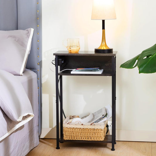 (New Open Box) AMHANCIBLE Narrow Side Table, Small End Tables for Small Spaces, 3 Tier Slim Night Stand Set 2 with Charging Station, Skinny Sofa Beside Table with Storage Shelf, Dark Grey HETN03DG