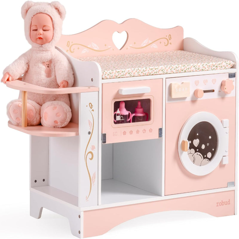 (New Open Box) ROBUD Baby Doll Crib, Pink Baby Doll Beds, Wooden Doll Changing Station