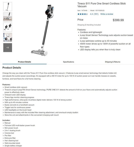 (Excellent) Tineco S11 Pure One Smart Cordless Stick Vacuum with 1 battery