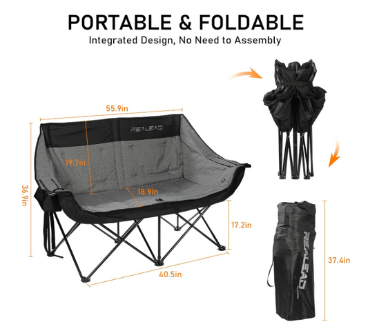 (Excellent) REALEAD Double Heated Camping Chair, 3 Heat Levels and 4 Heating Zones, Portable Heated Loveseat for Outdoor Sports, 650lb, Heated Folding Chairs for Outdoor,