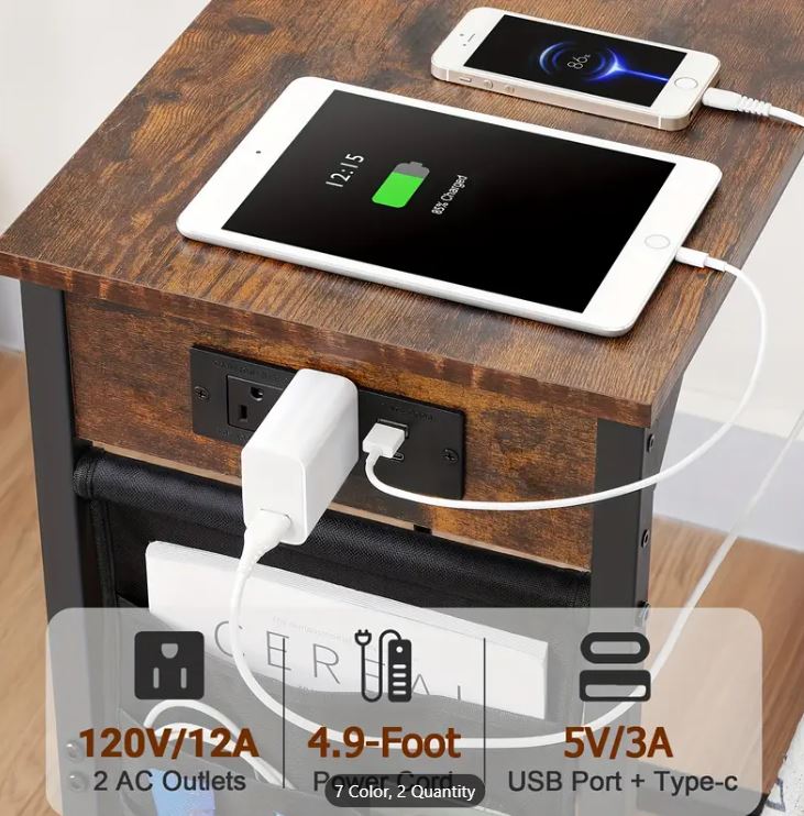 (New Open Box) 2pcs C-Shaped End Table, Sofa Small Side Table with Charging Station, (DS0020)