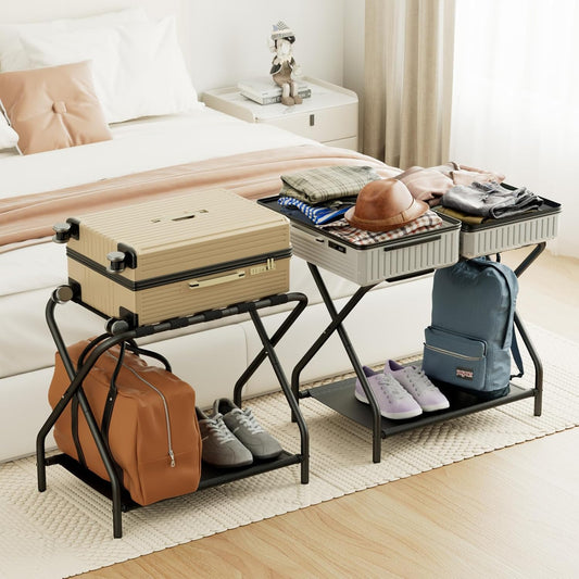 (New Open Box) AMHANCIBLE Luggage Rack, Set of 2, Foldable Suitcase Stands for Guest Room, Metal Luggage Holder with Storage Shelf for Bedroom, Hotel, Easy Assemble, Black HLR02BK