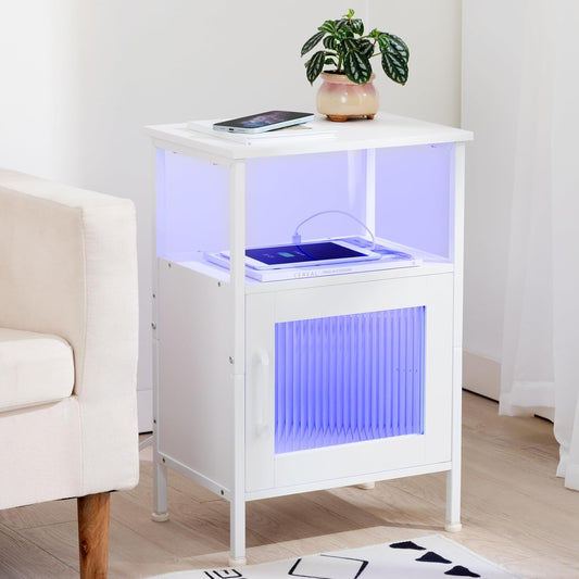 (New Open Box) LOAKEKEL Night Stand, LED Nightstand with Charging Station, Small End Table with Glass Door and Storage Shelf, Modern Side Table with USB Ports & Outlets, Bedside Table for Bedroom, White, HNS06WT-1