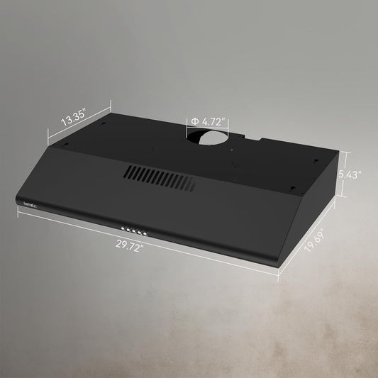 (Excellent) Hermitlux Under Cabinet Range Hood, 30 inch Black Vent Hood With 3 Speed Exhaust Fan, Ducted And Ductless Convertible, LED Bright Light Bulbs and Charcoal Filter