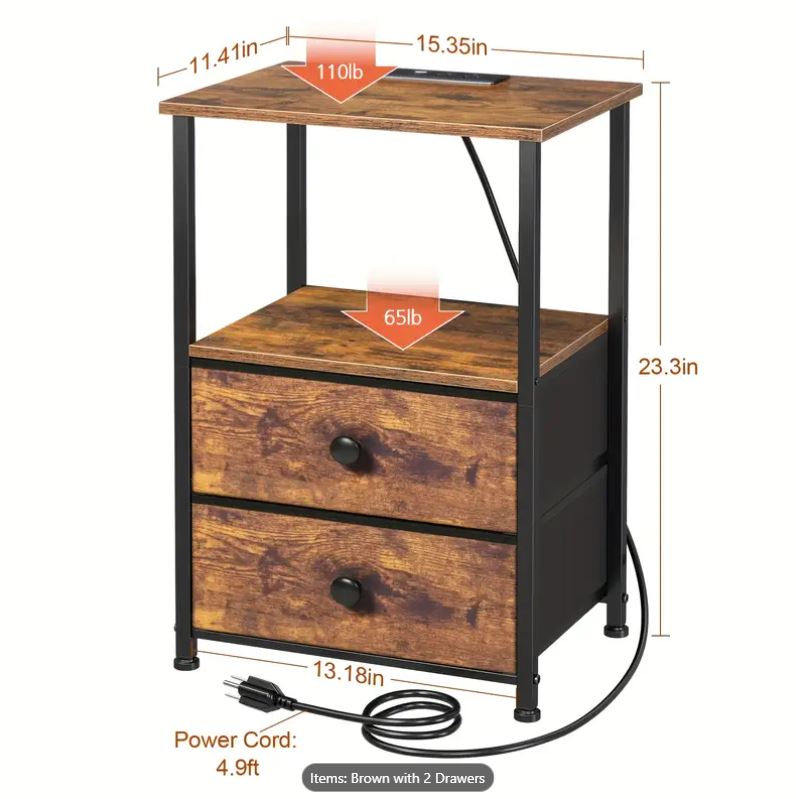 (New Open Box) 2pcs Night Stand, Bedside Table Featuring a Charging Station, (DS0024)
