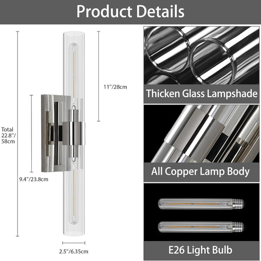 (New Open Box) YUYI Nickel Wall Sconces Set of 2 | Clear Glass Shades • Modern Indoor Vanity Lighting •HB-76