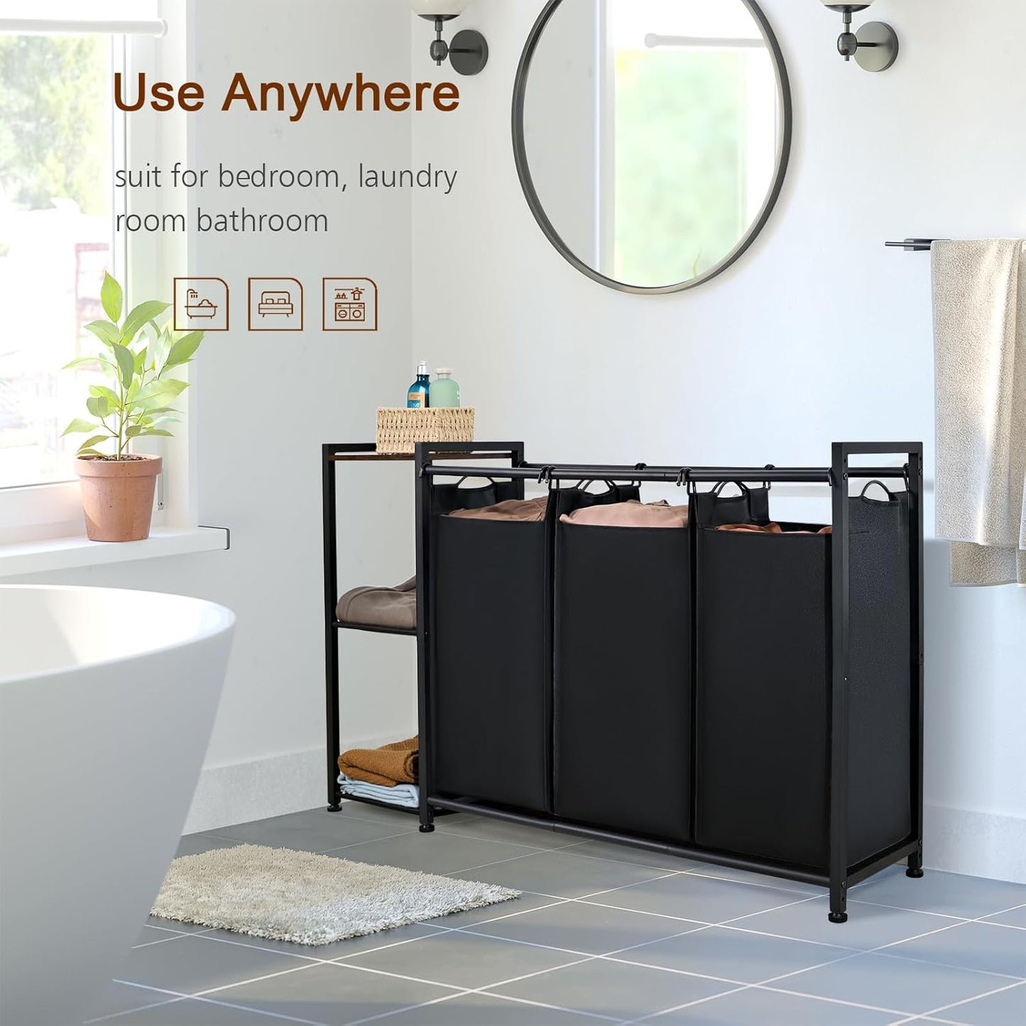 (New Open Box) LOAKEKEL Laundry Sorter 3 Section, Laundry Hamper with 3 Removable Bag, HLS030GG (DS0060)