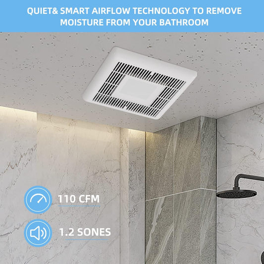 (New Open Box) Tech Drive Bathroom Fan with Light 110 CFM, 1.2Sone No Attic access Needed Installation,Very Quiet Bath Ventilation and Exhaust Fan with LED Light 4000K 800LM, 4inch Duct,White Plastic Grille