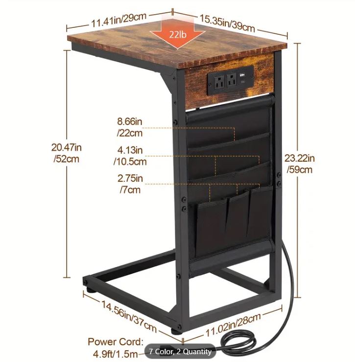 (New Open Box) 1 pc Gray C-Shaped End Table, Sofa Small Side Table ( with Charging Station) - DS0023