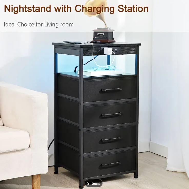 (New Open Box) 1 pc Night Stand, LED Nightstand Charging Station, End Side Tables With USB C Port & Outlet