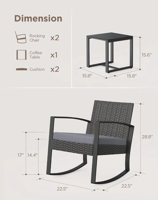 (New Open Box) 3-Piece Patio Rocking Chair Set | Rattan Conversation Set • Gray Cushions • Glass Table