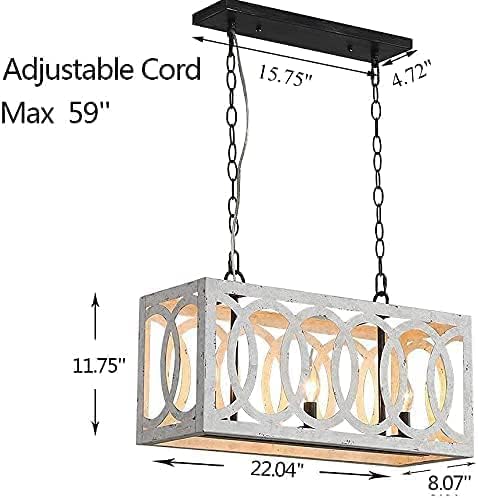 (New Open Box) PHILOMENA Kitchen Island Light Fixtures Dining Room Distressed White Rectangular Modern Farmhouse Chandelier, 3-Light Metal Rustic French Country Pendant Lighting Ceiling Light Hanging Lamp, No Wood