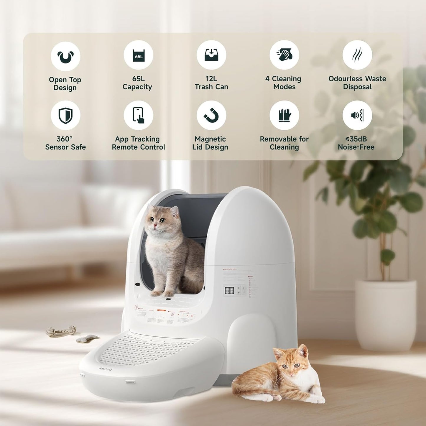 (New Open Box) Amicura Automatic Cat Litter Box, Self Cleaning, 360-Degree Detection Smart Anti-Pinch
