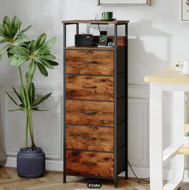 (New Open Box) Nightstand with Charging Station and LED Light for Bedroom, 5 Drawers with fabric bin- BST005BR