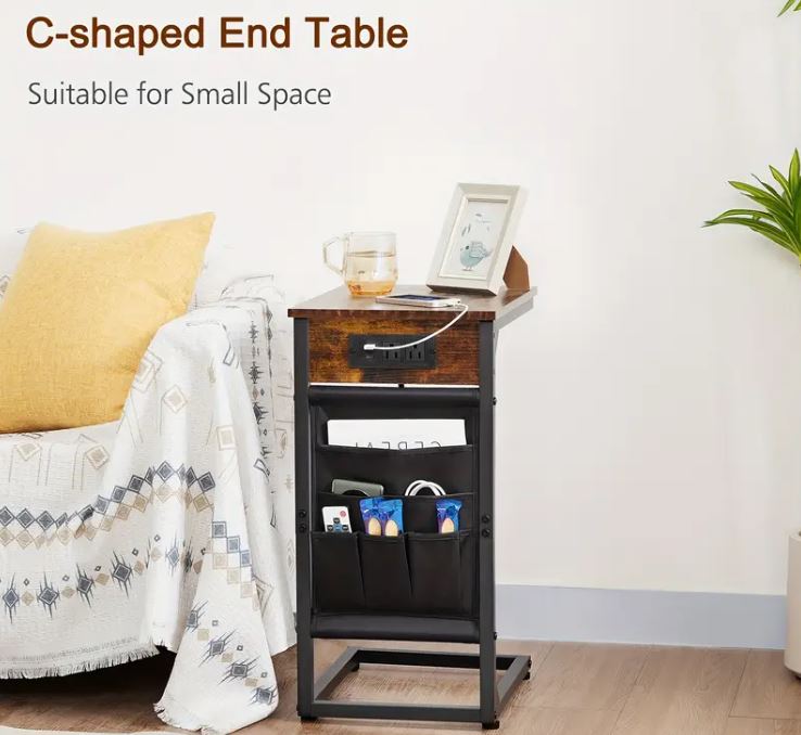 (New Open Box) 1 pc Gray C-Shaped End Table, Sofa Small Side Table ( with Charging Station) - DS0023