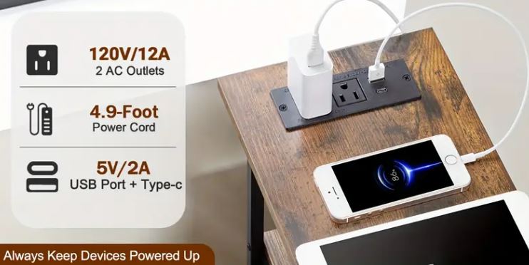 (New Open Box) Narrow End Table 2pcs Living Room with Charging Station, (DS0025)