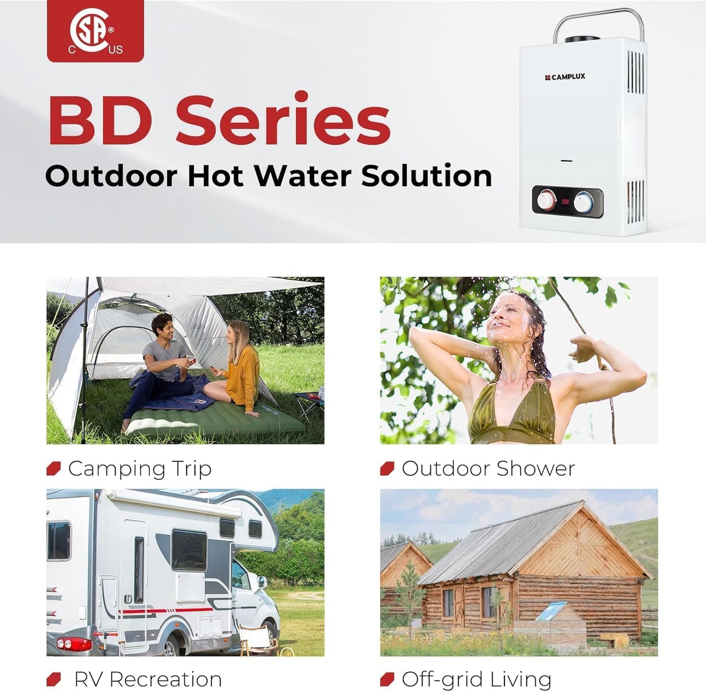 (New Open Box) CAMPLUX Portable Tankless Water Heater 6L, Easy Install Outdoor Propane Gas Water Heater,White