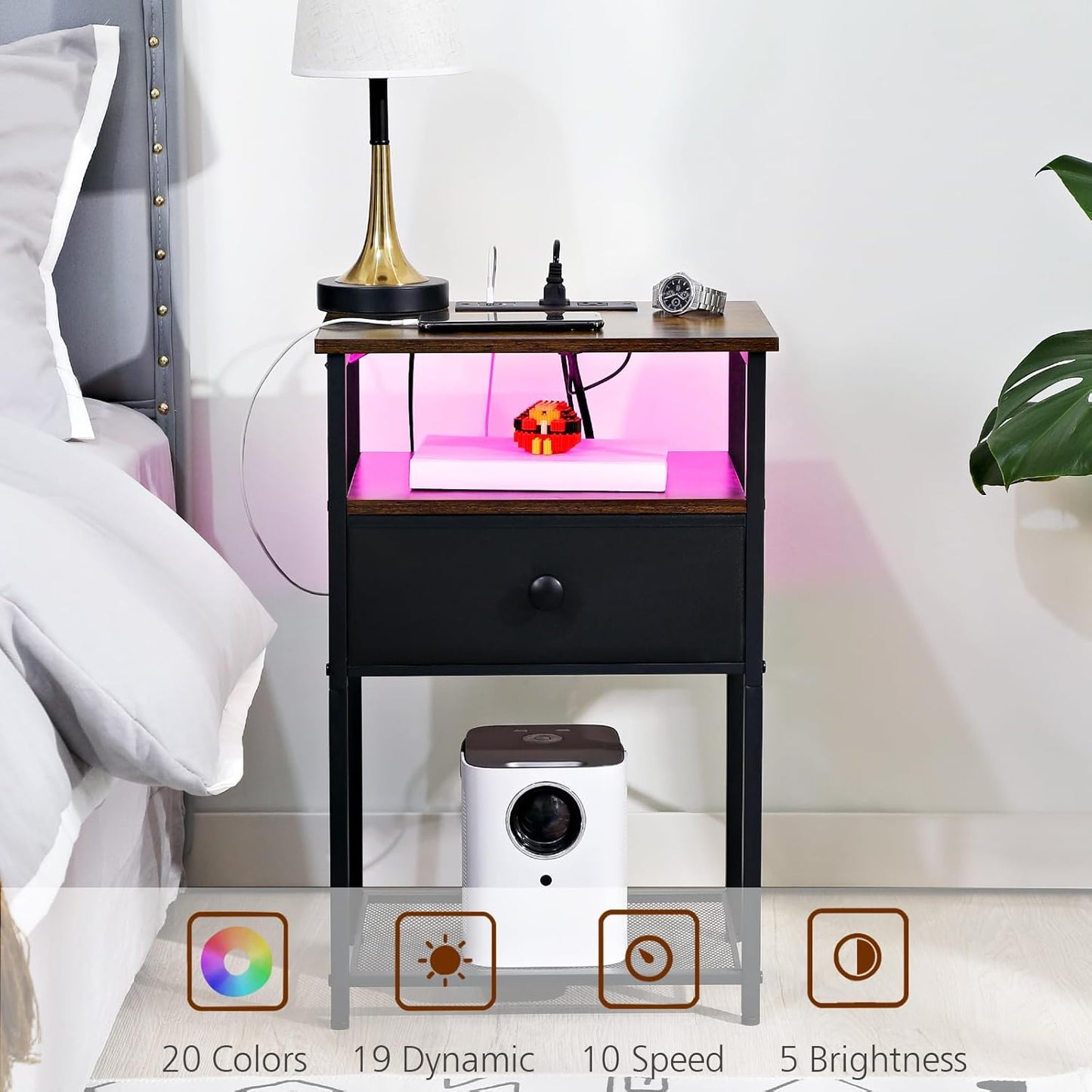 (New Open Box) LOAKEKEL Nightstands Set of 2 with Charging Station, LED Night Stands, HETS01BR (DS0052)