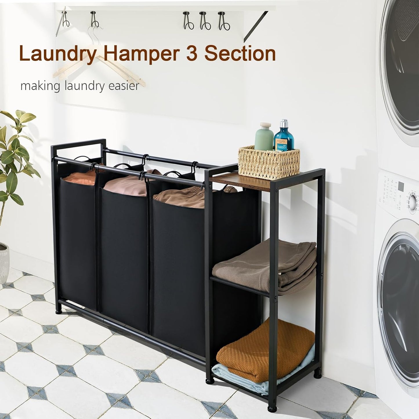 (New Open Box) LOAKEKEL Laundry Sorter 3 Section, Laundry Hamper with 3 Removable Bag, HLS030GG (DS0060)