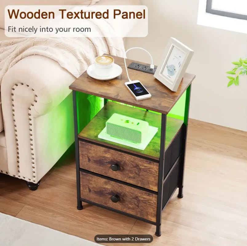 (New Open Box) 2pcs Night Stand, Bedside Table Featuring a Charging Station, (DS0024)