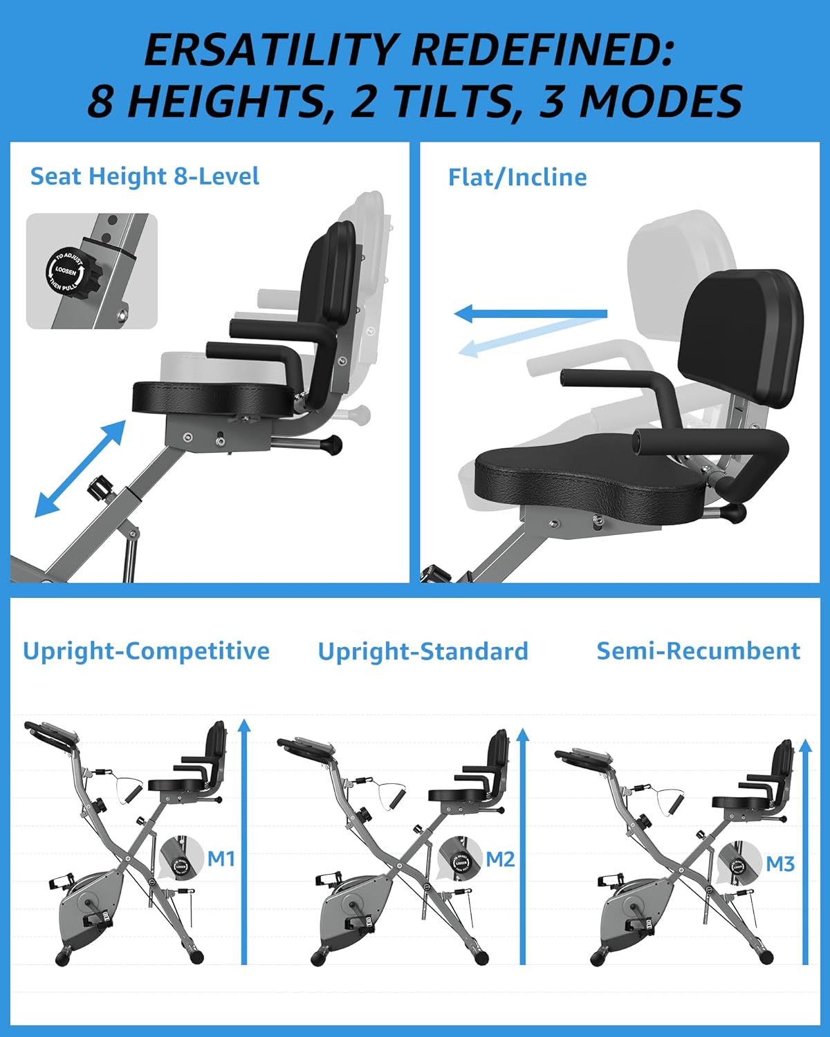 (Excellent) 5 IN 1 20dB Near-Silent Foldable Exercise Bike for Seniors, 16-Level Magnetic Resistance