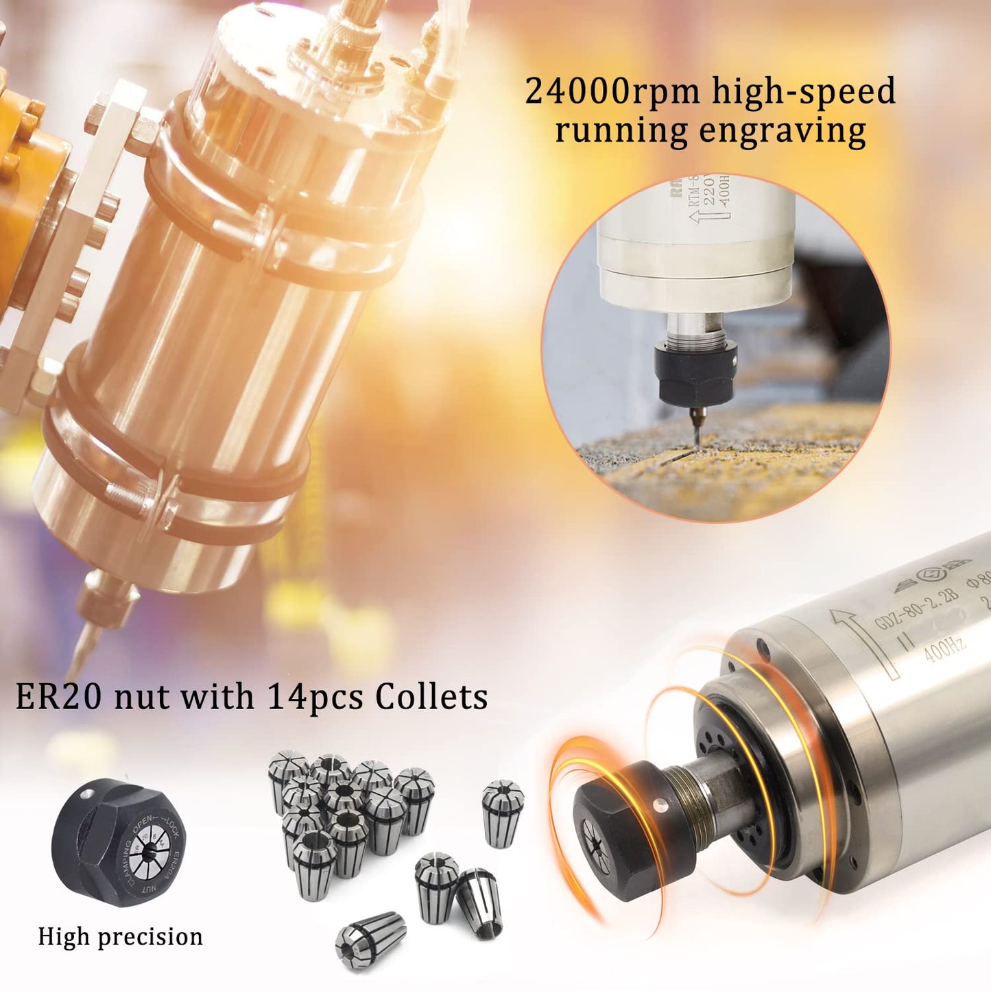 (Excellent) RATTMMOTOR CNC VFD Spindle Motor Kits 2.2KW 220V Water Cooled Spindle Motor Φ80mm ER20 400Hz 24000RPM+VFD Drive Inverter+80mm Motor Mount Clamp+14pcs ER20 Collet+80W Water Pump for CNC Router