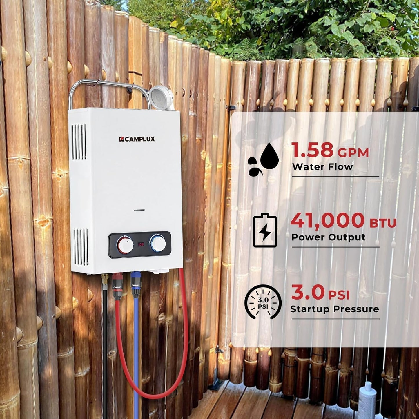 (New Open Box) CAMPLUX Portable Tankless Water Heater 6L, Easy Install Outdoor Propane Gas Water Heater,White