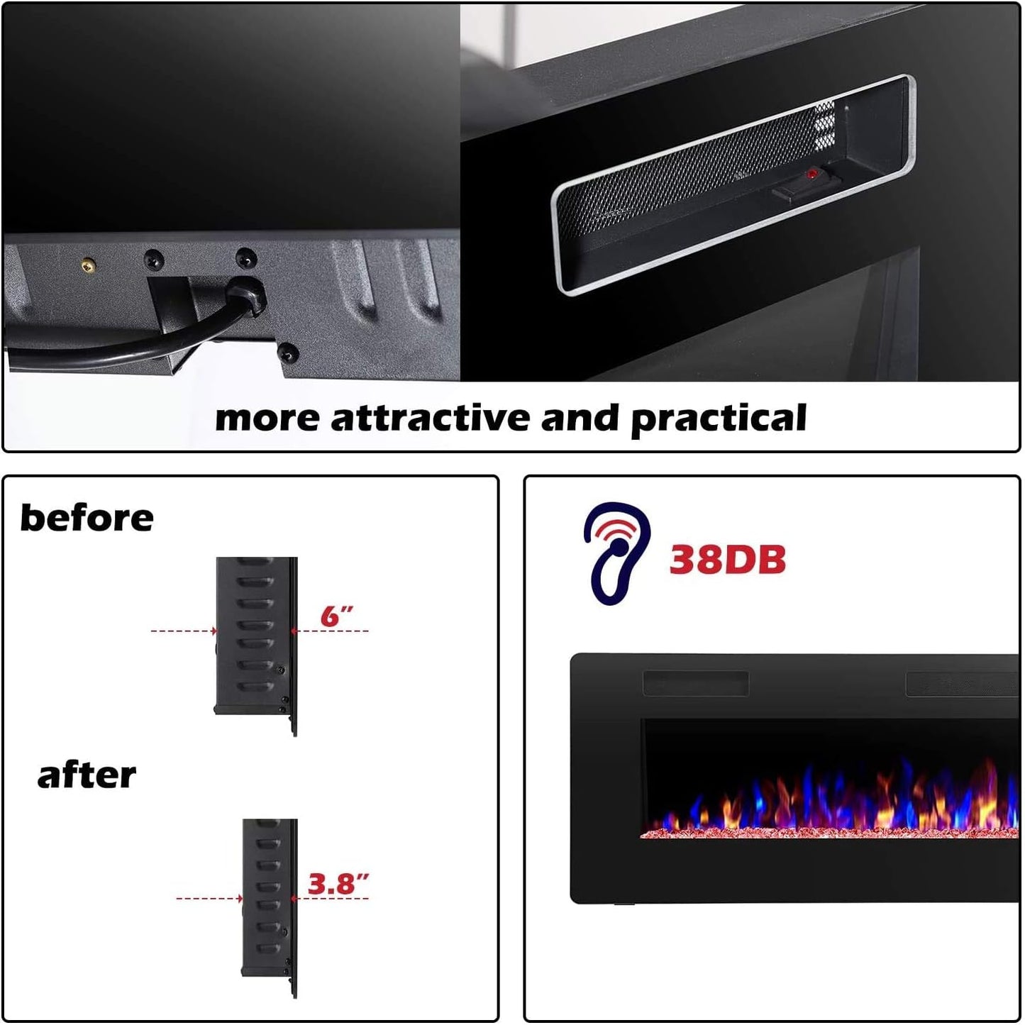(New Open Box) R.W.FLAME 42 inch Recessed and Wall Mounted, The Thinnest Fireplace, Low Noise