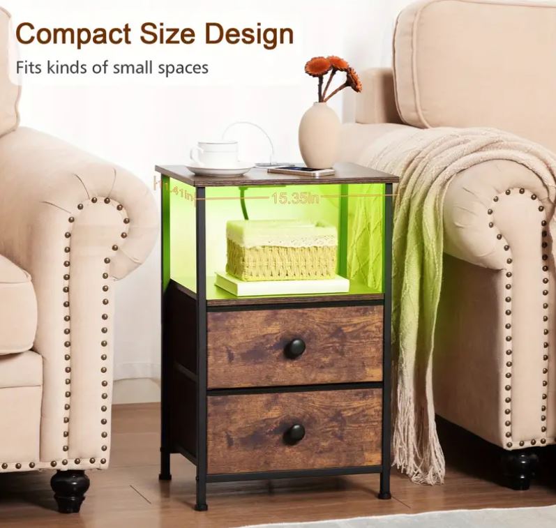 (New Open Box) 2pcs Night Stand, Bedside Table Featuring a Charging Station, (DS0024)