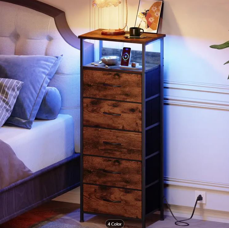(New Open Box) Nightstand with Charging Station and LED Light for Bedroom, 5 Drawers with fabric bin- BST005BR