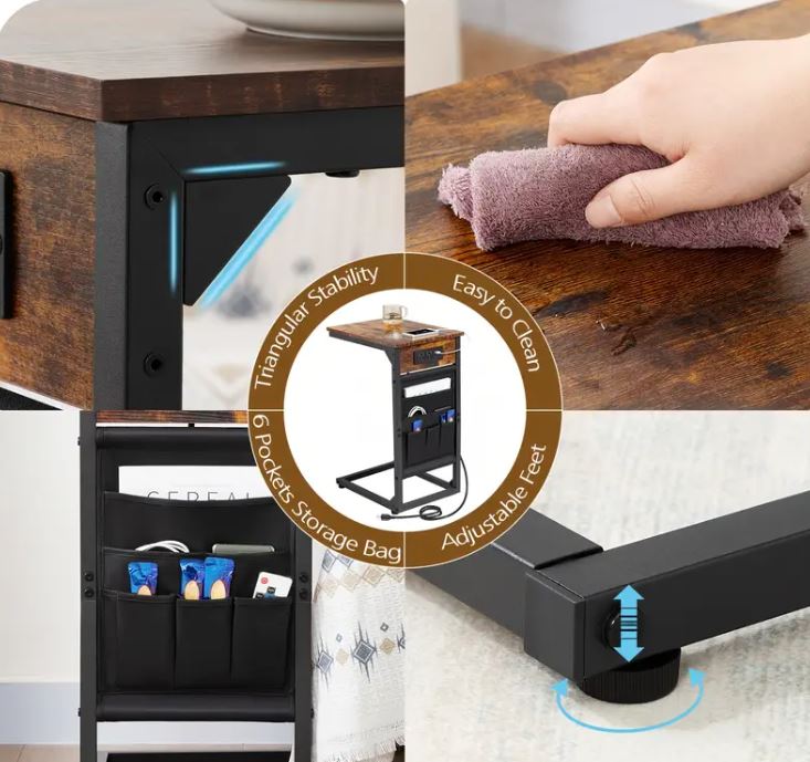 (New Open Box) 1 pc Gray C-Shaped End Table, Sofa Small Side Table ( with Charging Station) - DS0023