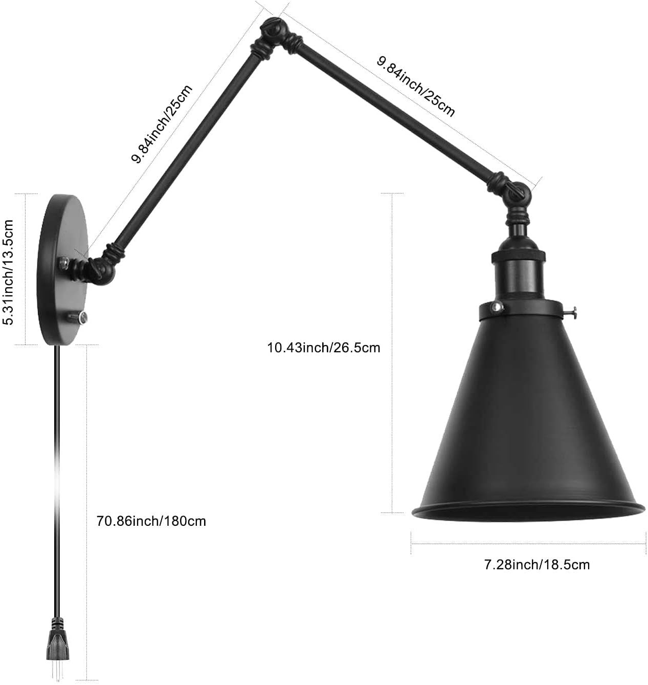 Industrial Wall Lamp Light Black Paint Finish Plug in Adjustable Arms with On/Off Switch for Bedroom Wall Sconce Fixture Metal Plug-in Wall Lamp (2-Lights)
