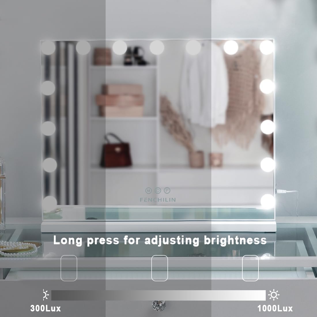 (New Open Box) FENCHILIN Vanity Mirror with Lights, Hollywood Lighted Makeup Mirror with 15 Dimmable LED Bulbs for Dressing Room & Bedroom, Slim Metal Frame Design, White