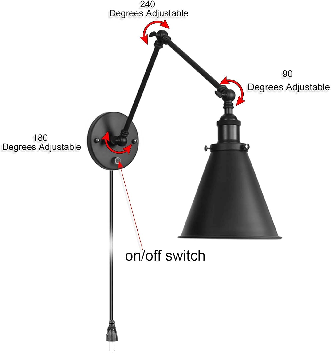 Industrial Wall Lamp Light Black Paint Finish Plug in Adjustable Arms with On/Off Switch for Bedroom Wall Sconce Fixture Metal Plug-in Wall Lamp (2-Lights)