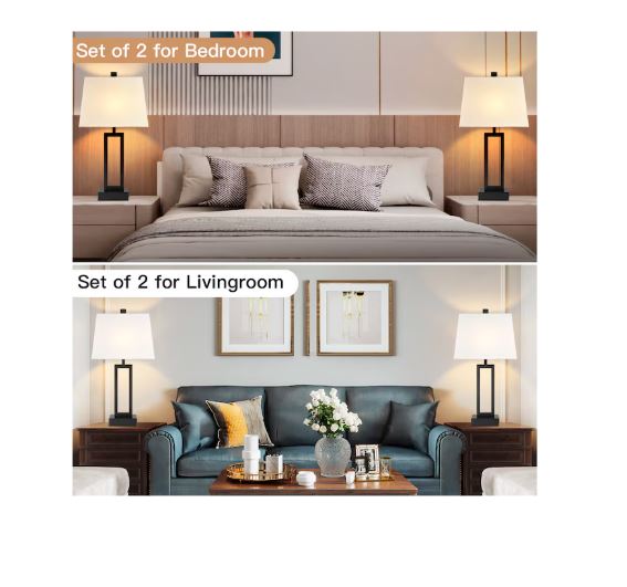 (Brand New) 23-in Black LED Touch Table Lamp Set of 2 | White Linen Shade | TD-158