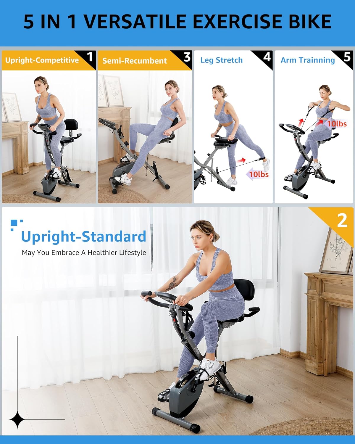(Excellent) 5 IN 1 20dB Near-Silent Foldable Exercise Bike for Seniors, 16-Level Magnetic Resistance