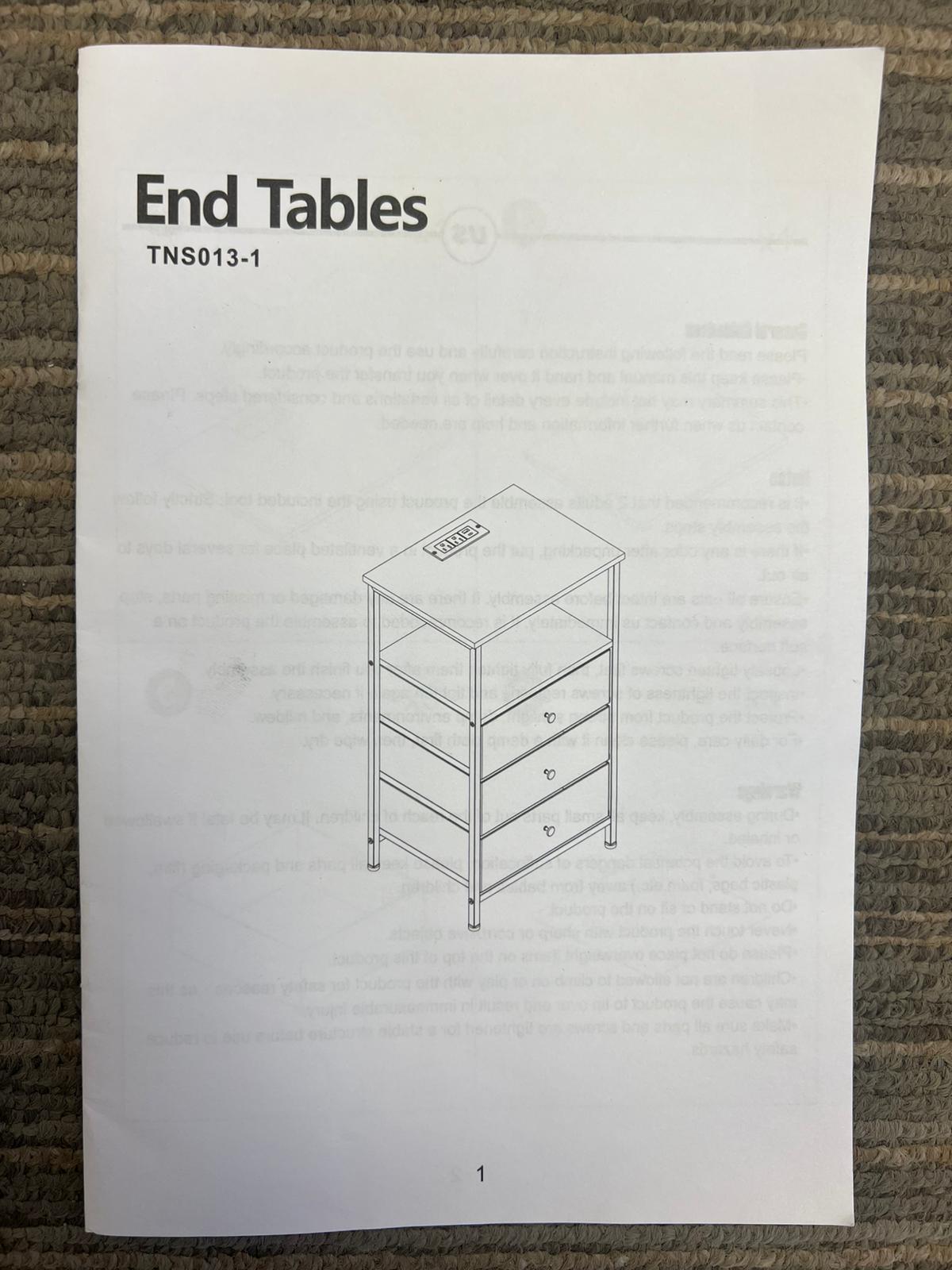 (New Open Box) TZWAKED End Table with Charging Station, 3-Drawer Bedside Table with (TNS013-1BK)