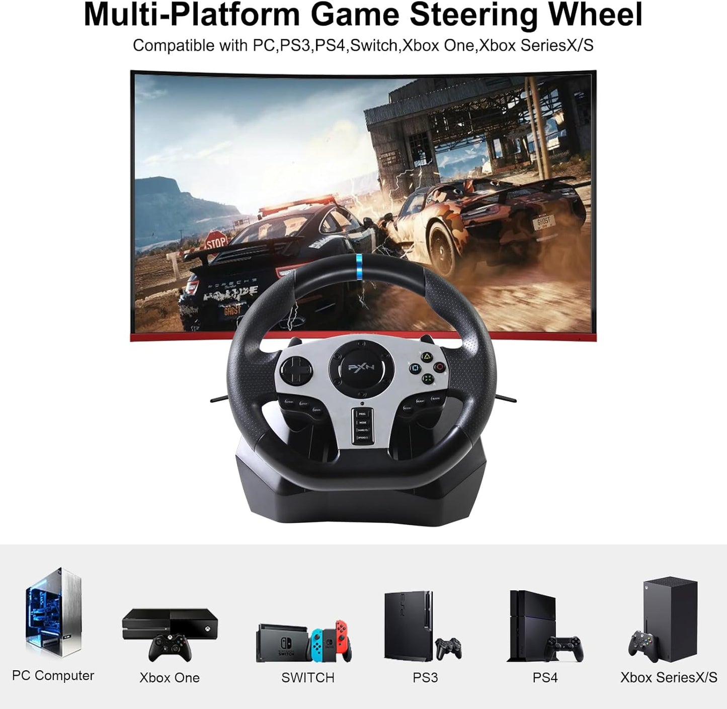 (Excellent) PXN V9 PC Game Racing Wheels, 270°/900° Steering Wheel Gaming, USB, Black, 15 Buttons,